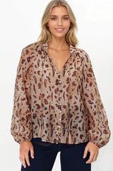 Bonnie Blouse - Button Down Scoop Hem Blouse in Leopard Print