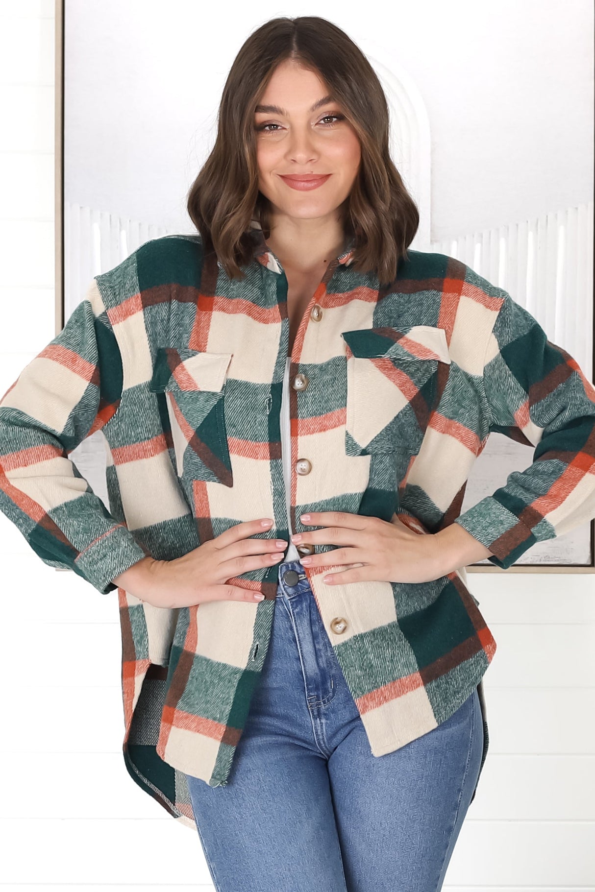 Bonnie Shacket - Relaxed Checkerd Button Down Shirt Jacket in Green