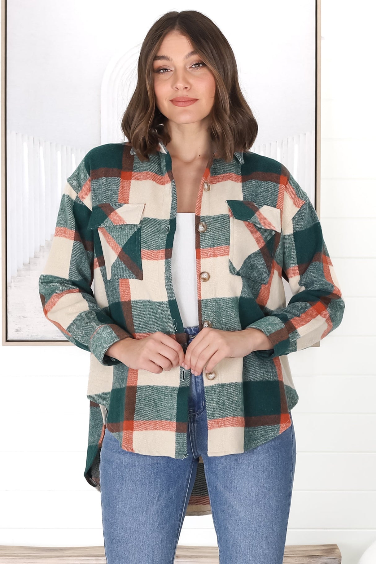 Bonnie Shacket - Relaxed Checkerd Button Down Shirt Jacket in Green