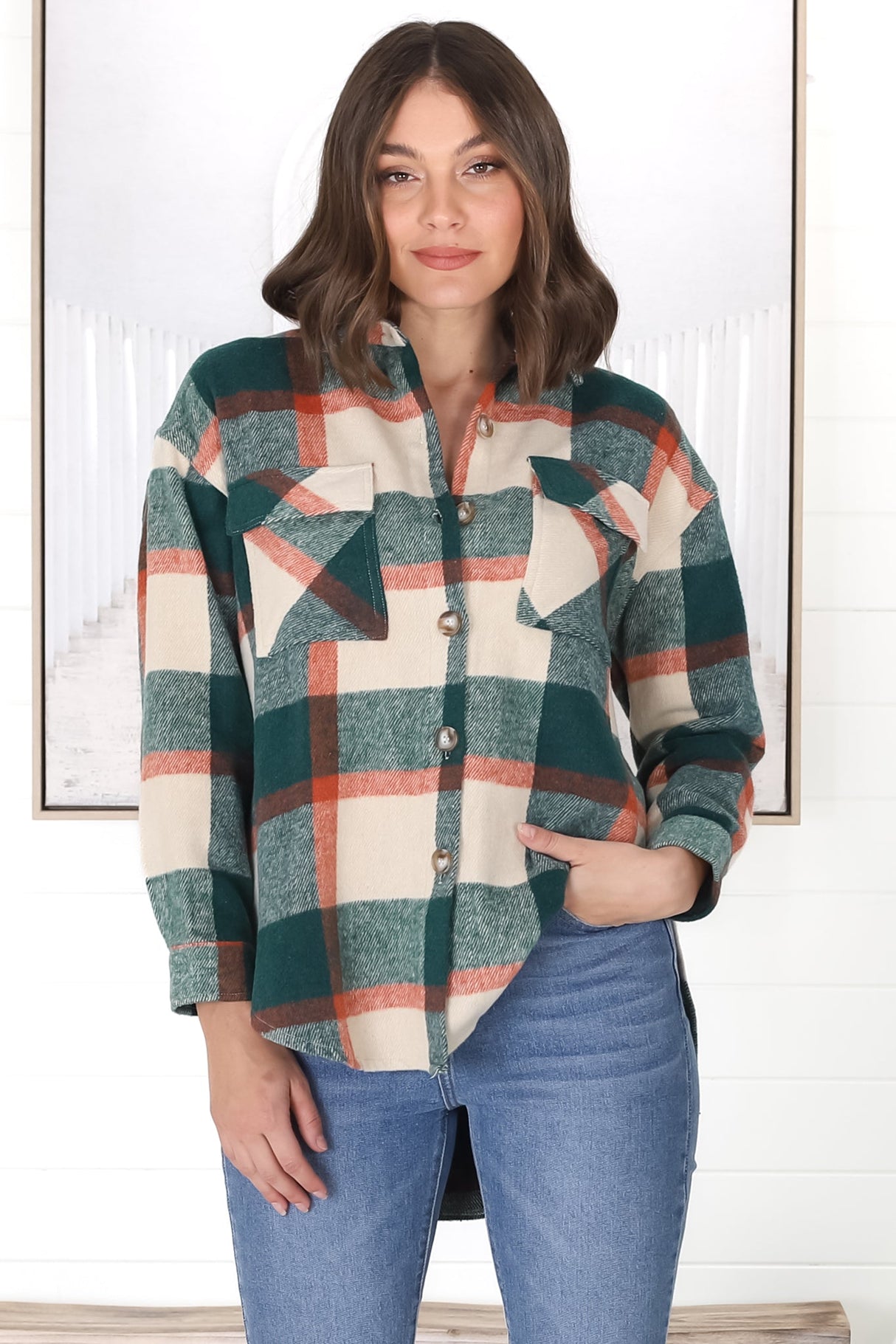 Bonnie Shacket - Relaxed Checkerd Button Down Shirt Jacket in Green