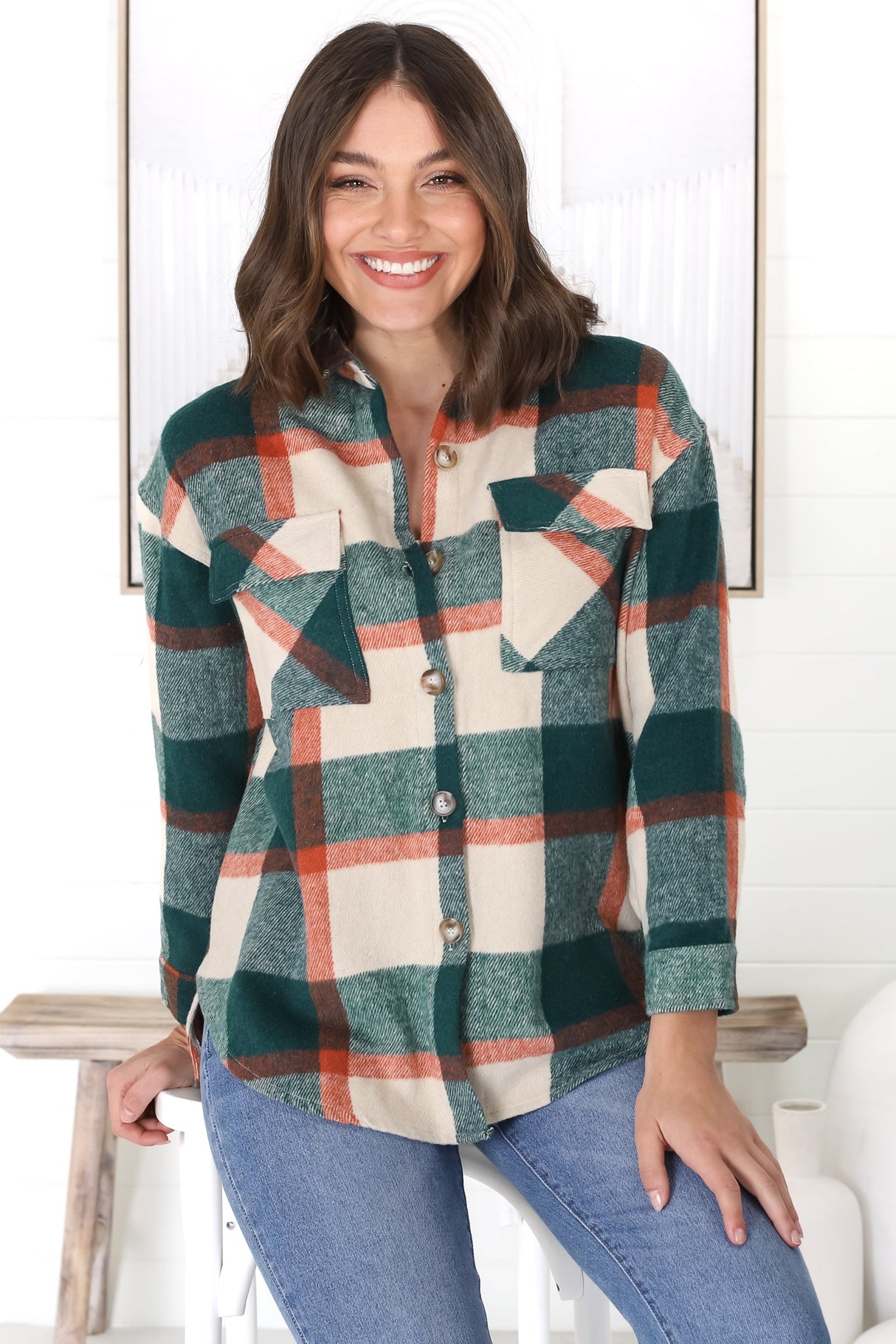 Bonnie Shacket - Relaxed Checkerd Button Down Shirt Jacket in Green