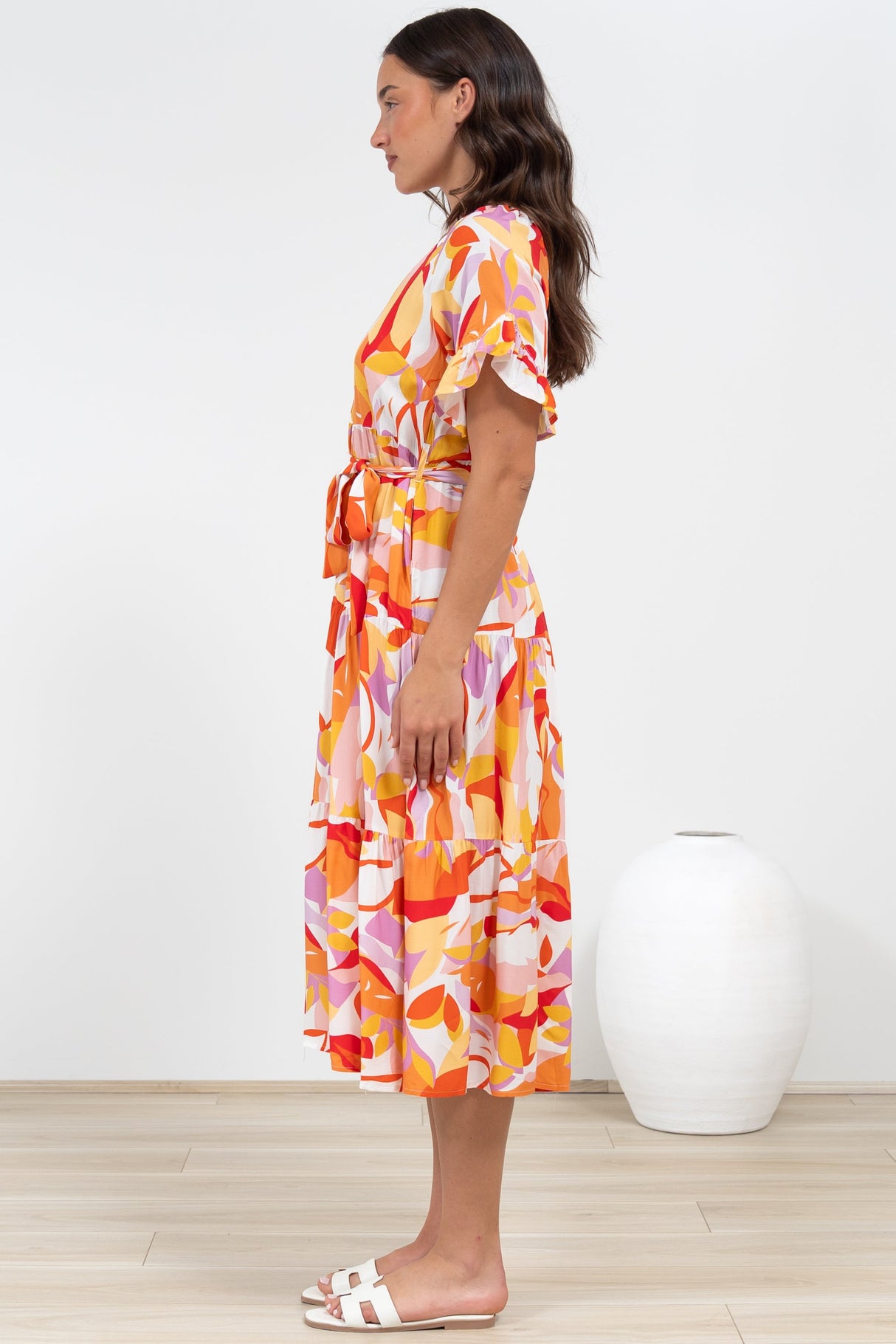 Bosco Midi Dress - V-Neck Tiered Dress with Waist Tie in Fallon Print