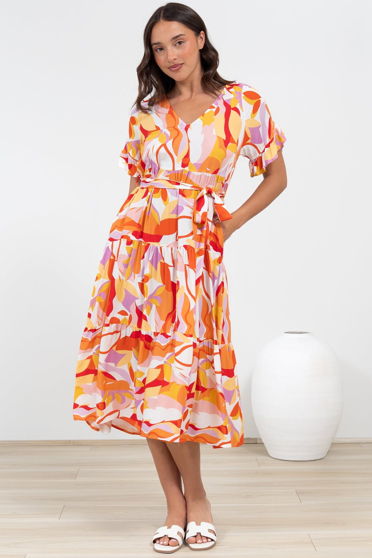 Bosco Midi Dress - V-Neck Tiered Dress with Waist Tie in Fallon Print