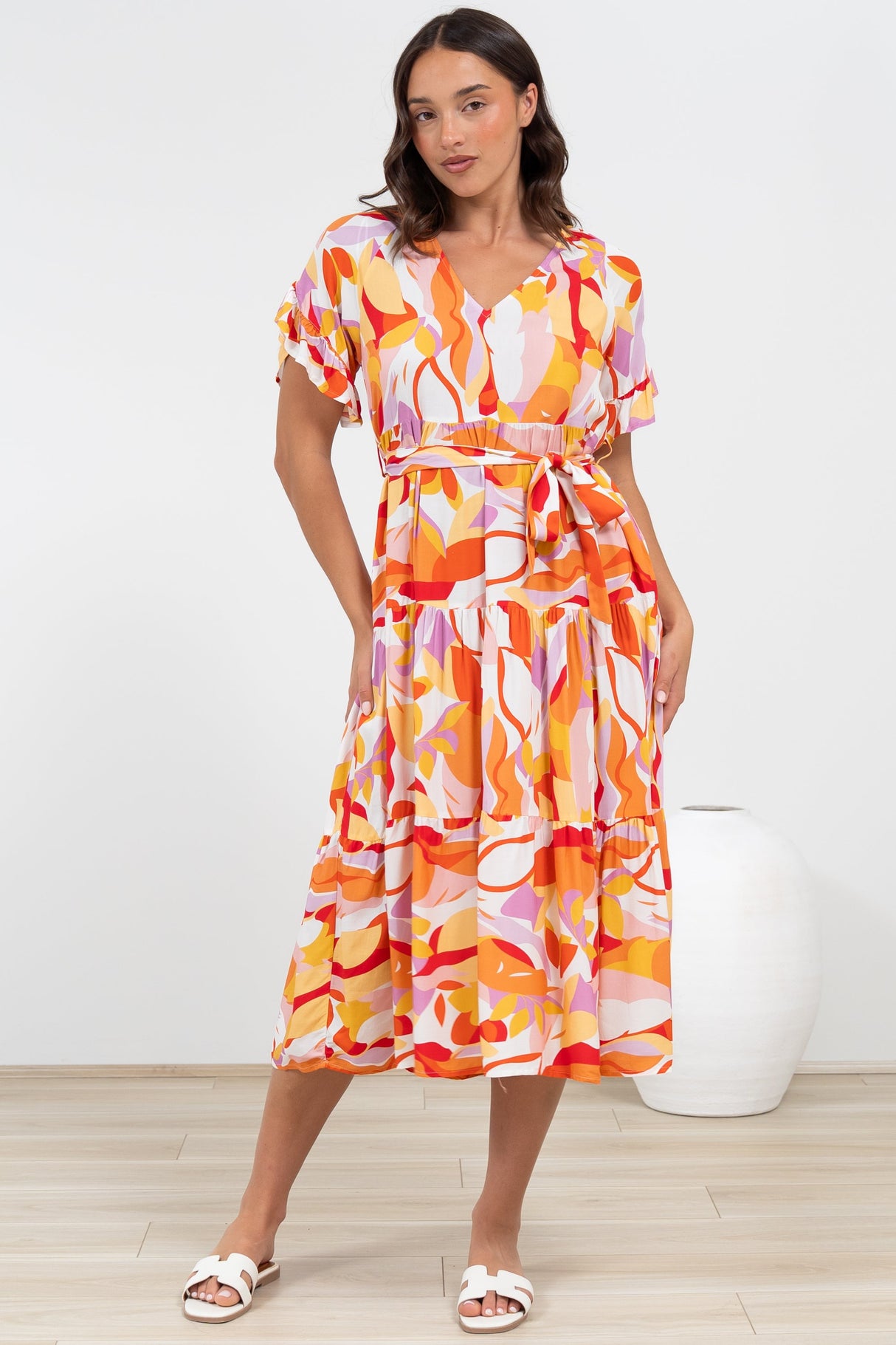 Bosco Midi Dress - V-Neck Tiered Dress with Waist Tie in Fallon Print