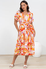 Bosco Midi Dress - V-Neck Tiered Dress with Waist Tie in Fallon Print