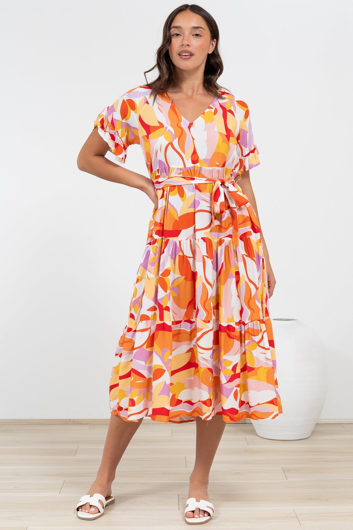 Bosco Midi Dress - V-Neck Tiered Dress with Waist Tie in Fallon Print
