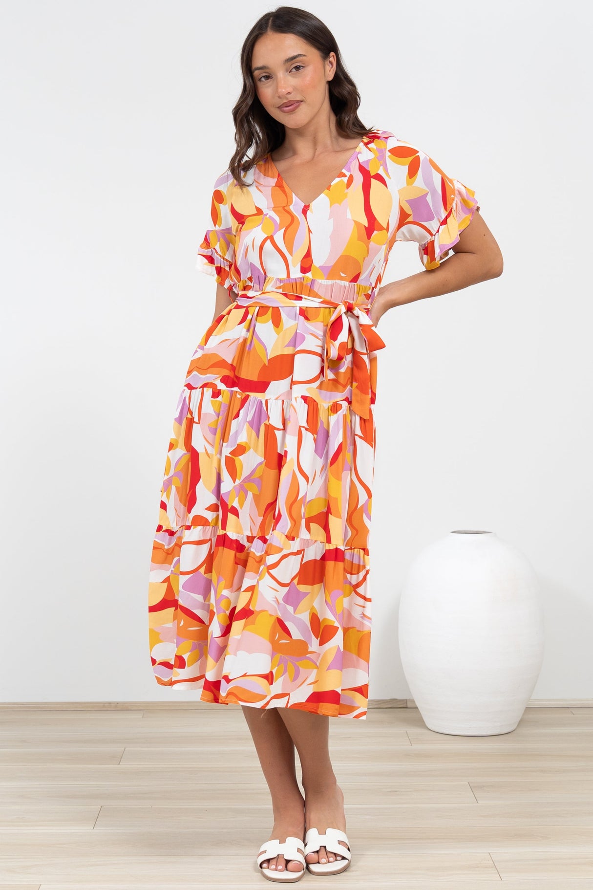 Bosco Midi Dress - V-Neck Tiered Dress with Waist Tie in Fallon Print