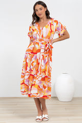 Bosco Midi Dress - V-Neck Tiered Dress with Waist Tie in Fallon Print