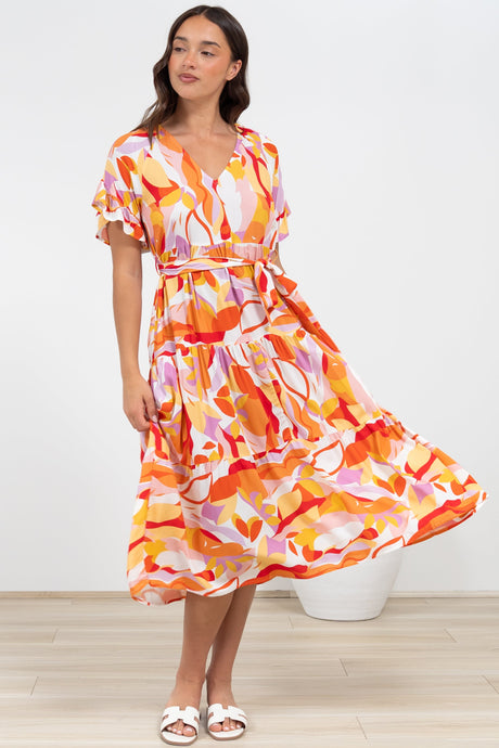 Bosco Midi Dress - V-Neck Tiered Dress with Waist Tie in Fallon Print