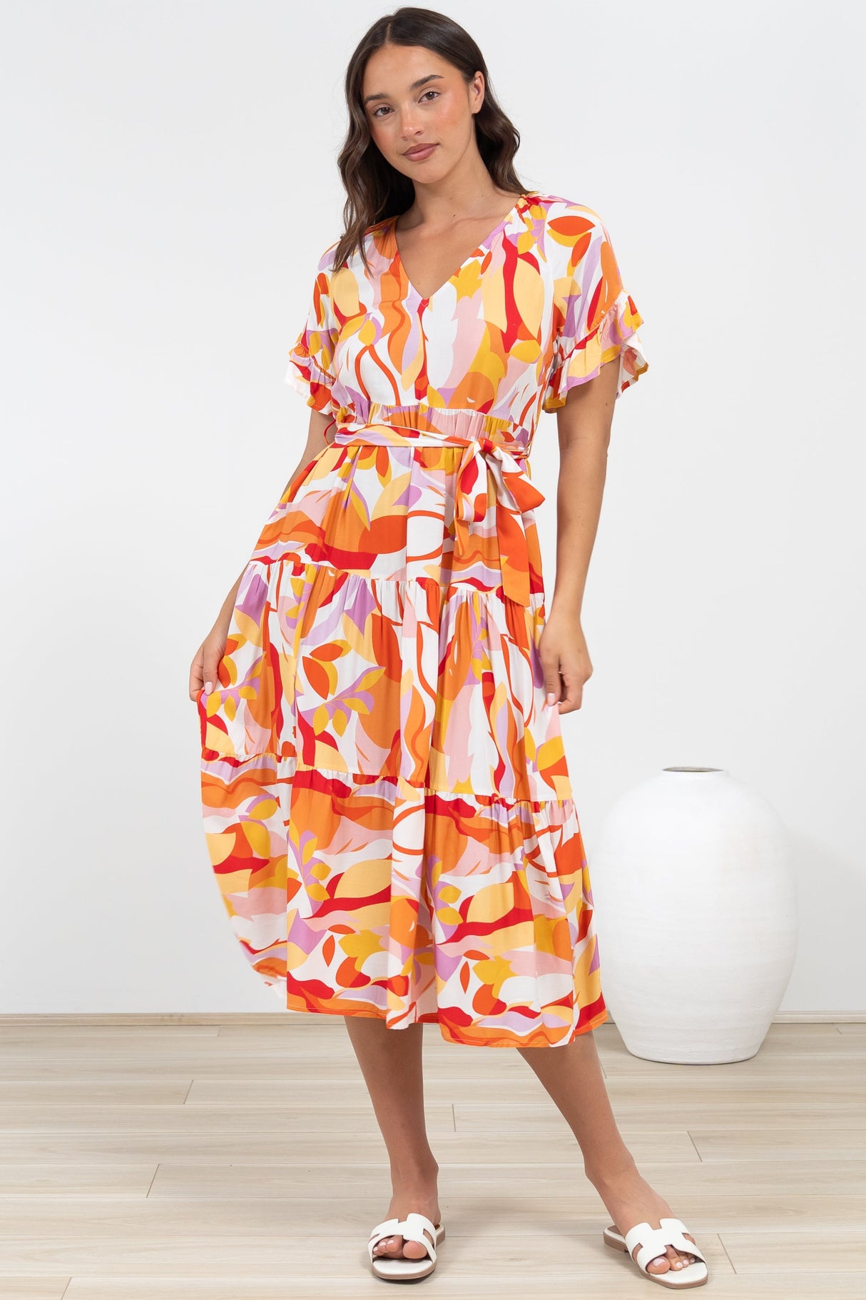 Bosco Midi Dress - V-Neck Tiered Dress with Waist Tie in Fallon Print