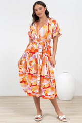 Bosco Midi Dress - V-Neck Tiered Dress with Waist Tie in Fallon Print
