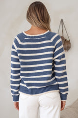 Boscoe Jumper - Split Collar V-Neck Striped Long Sleeve Knit in Navy Blue