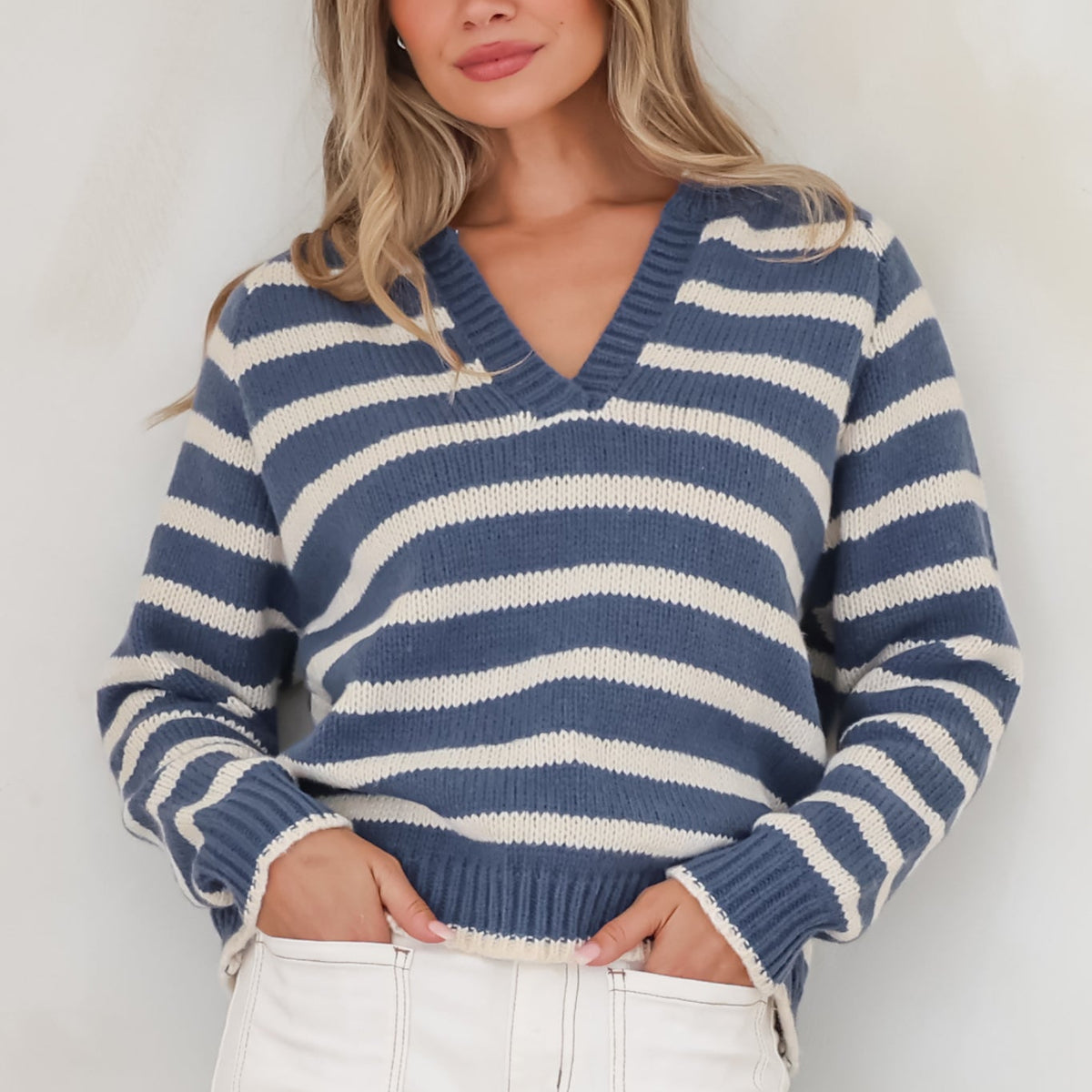 Boscoe Jumper in Navy Blue | Split Collar V-Neck Striped Knit | Salty Crush