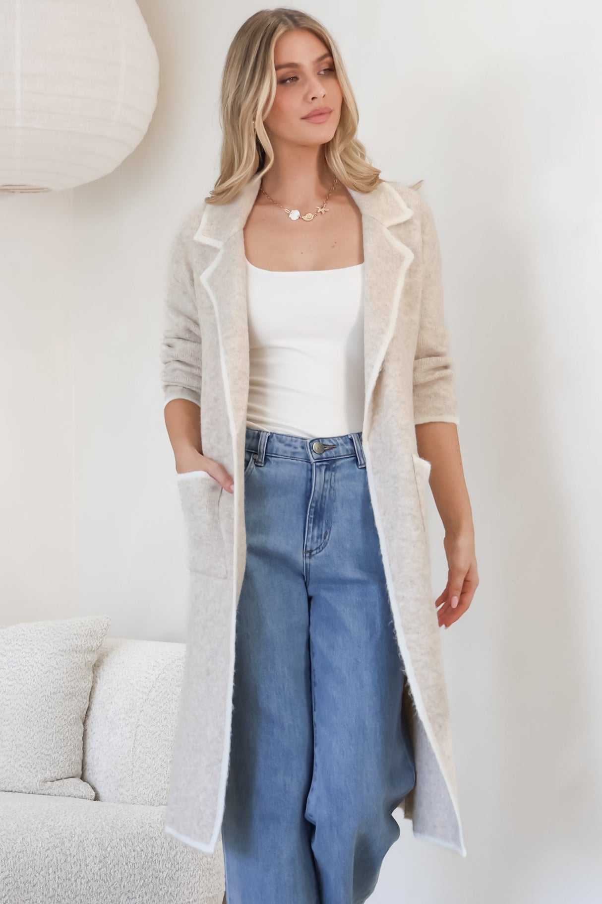 Boston Cardigan - Collared Contrast Hem Cardigan with Pockets in Beige