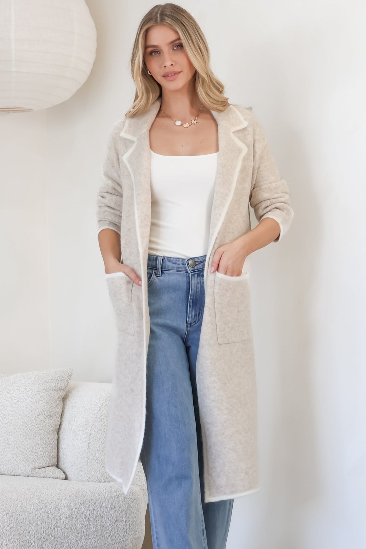 Boston Cardigan - Collared Contrast Hem Cardigan with Pockets in Beige