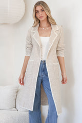Boston Cardigan - Collared Contrast Hem Cardigan with Pockets in Beige