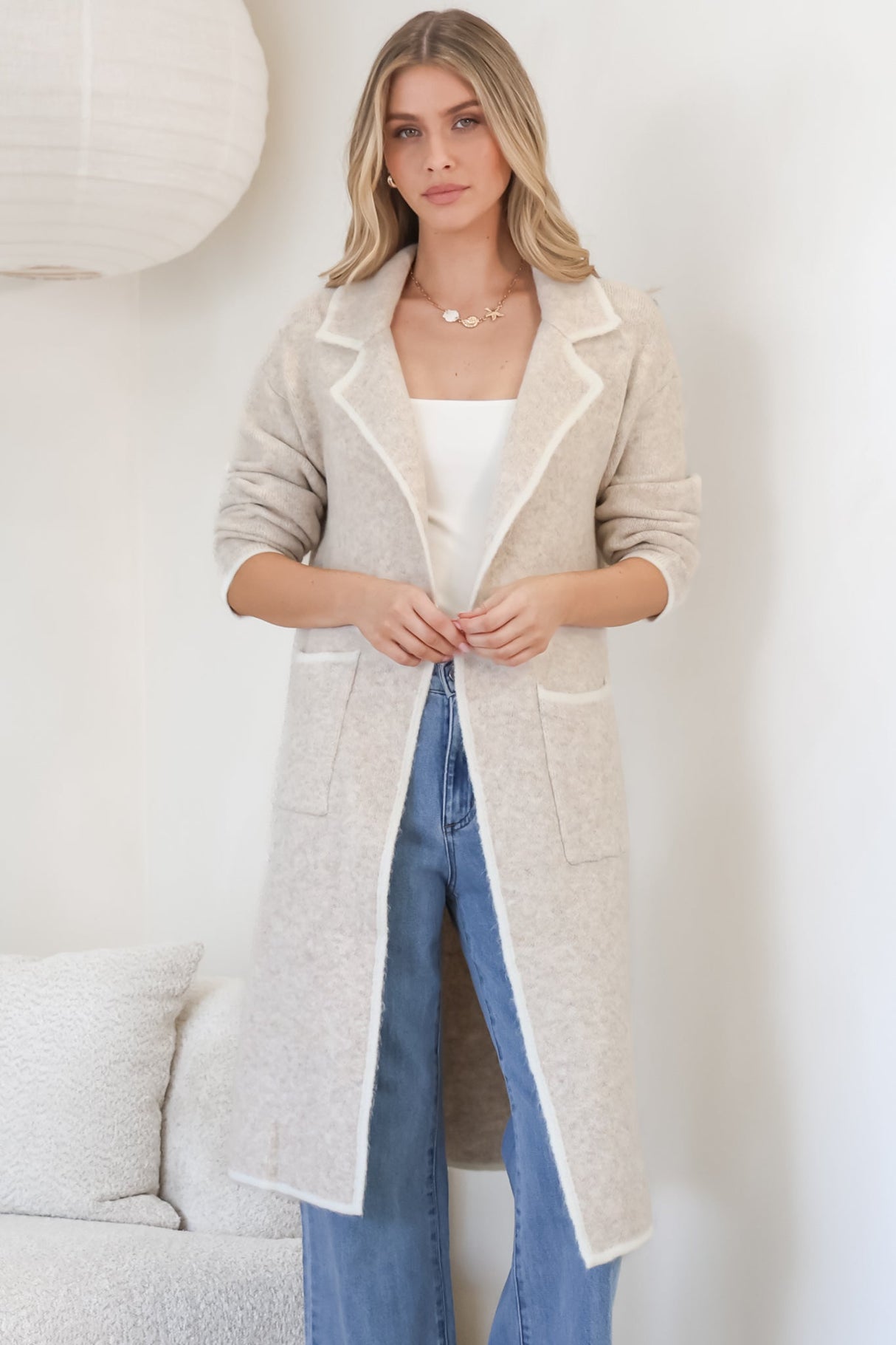 Boston Cardigan - Collared Contrast Hem Cardigan with Pockets in Beige