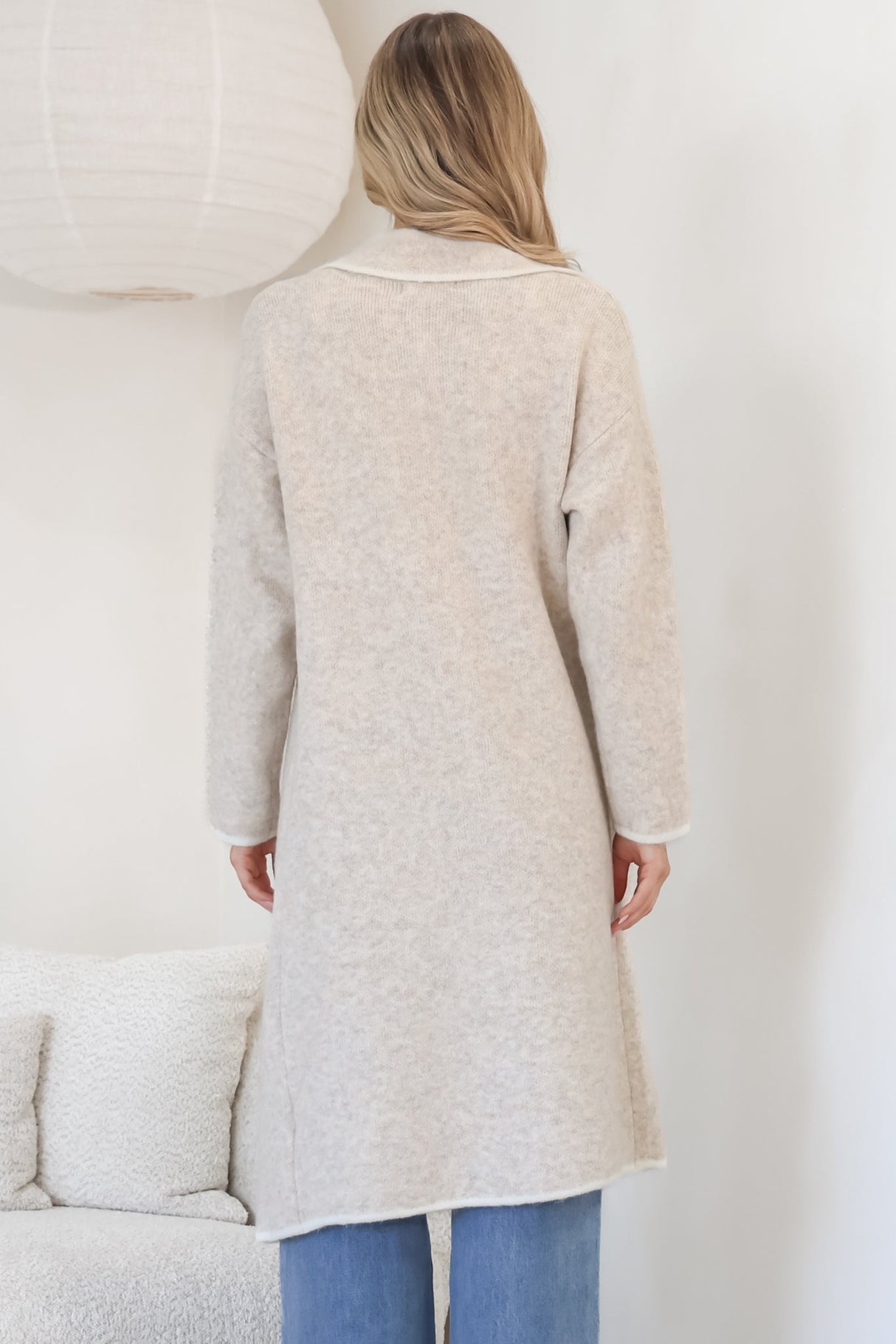 Boston Cardigan - Collared Contrast Hem Cardigan with Pockets in Beige