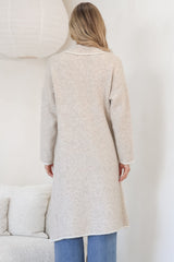 Boston Cardigan - Collared Contrast Hem Cardigan with Pockets in Beige