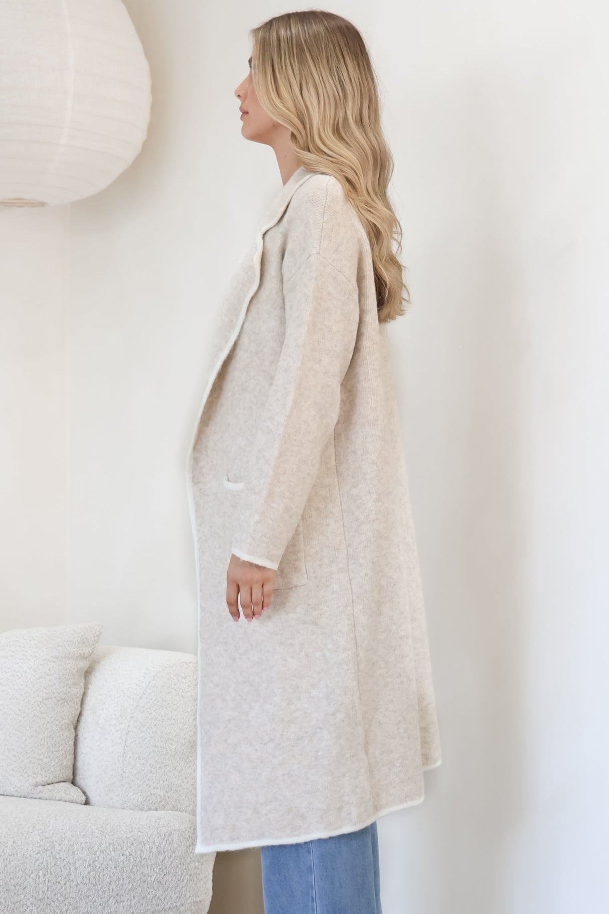 Boston Cardigan - Collared Contrast Hem Cardigan with Pockets in Beige