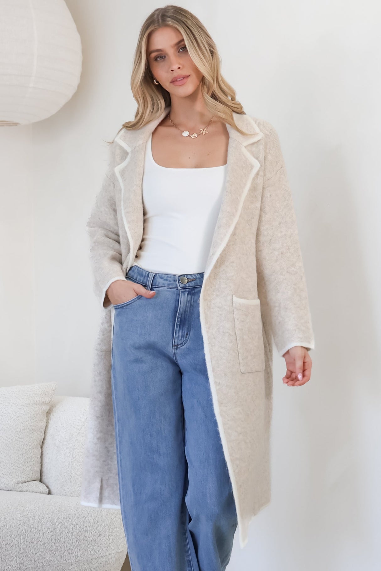Boston Cardigan - Collared Contrast Hem Cardigan with Pockets in Beige