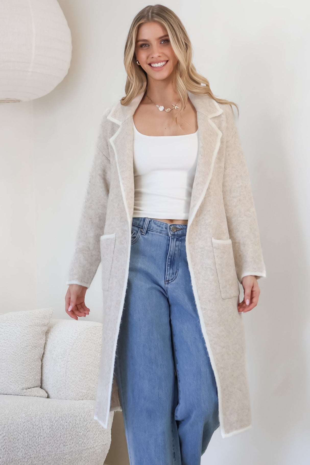 Boston Cardigan - Collared Contrast Hem Cardigan with Pockets in Beige