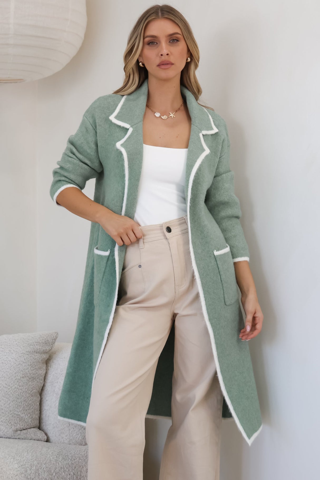 Boston Cardigan - Collared Contrast Hem Cardigan with Pockets in Green