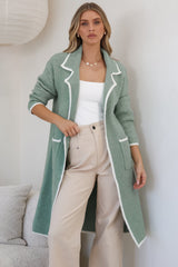 Boston Cardigan - Collared Contrast Hem Cardigan with Pockets in Green