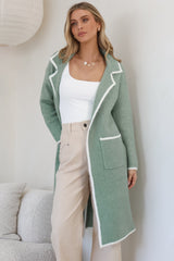 Boston Cardigan - Collared Contrast Hem Cardigan with Pockets in Green