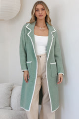 Boston Cardigan - Collared Contrast Hem Cardigan with Pockets in Green