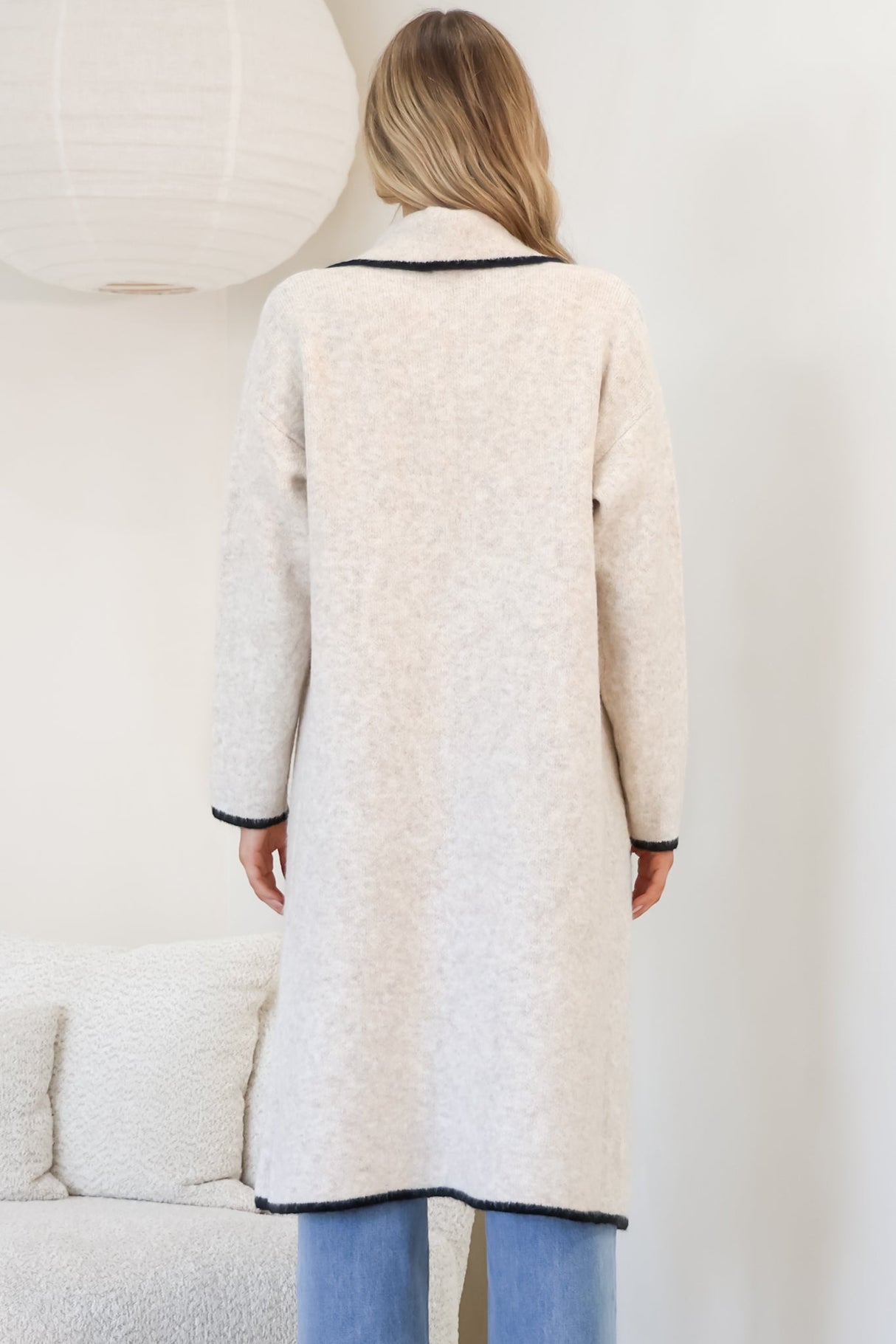 Boston Cardigan - Collared Contrast Hem Cardigan with Pockets in Oat/Black