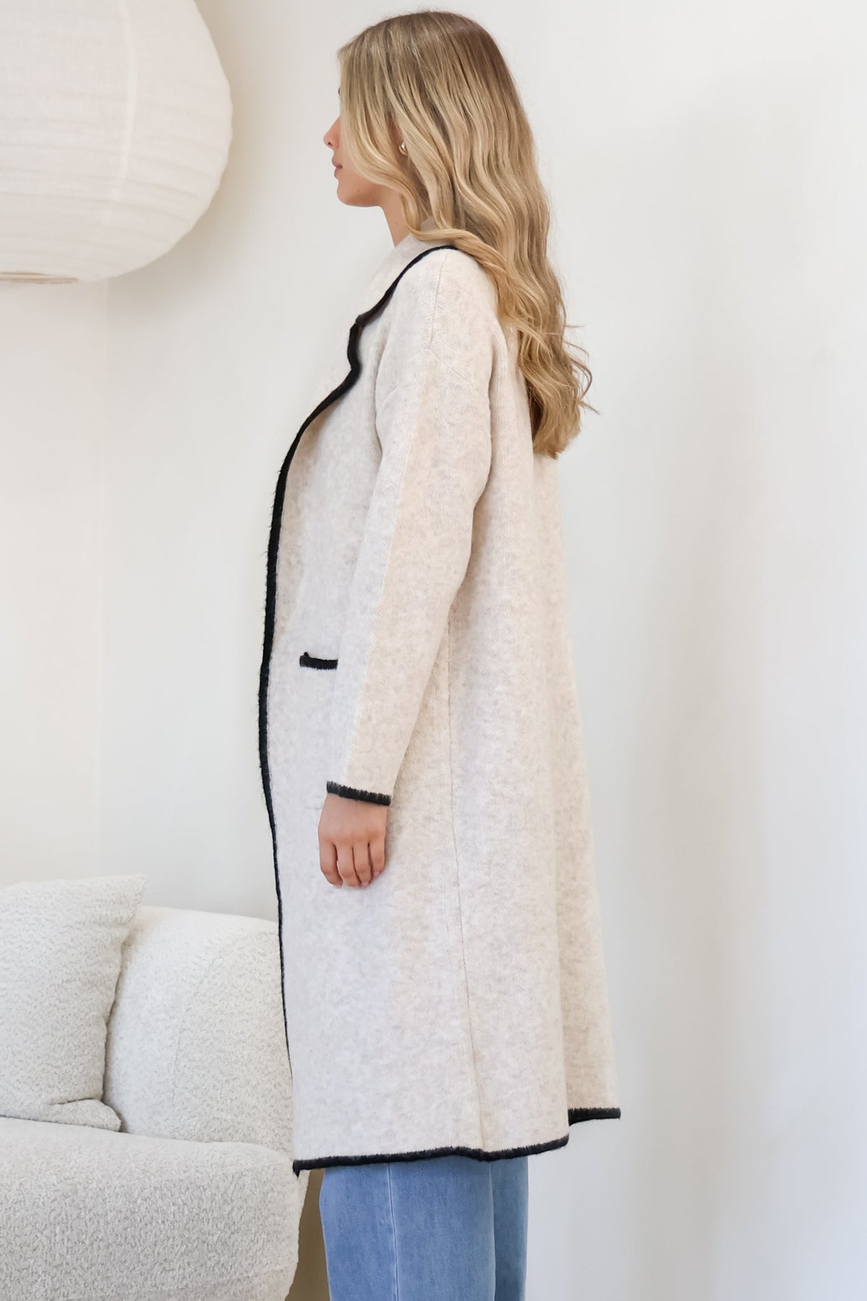 Boston Cardigan - Collared Contrast Hem Cardigan with Pockets in Oat/Black