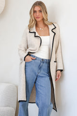 Boston Cardigan - Collared Contrast Hem Cardigan with Pockets in Oat/Black