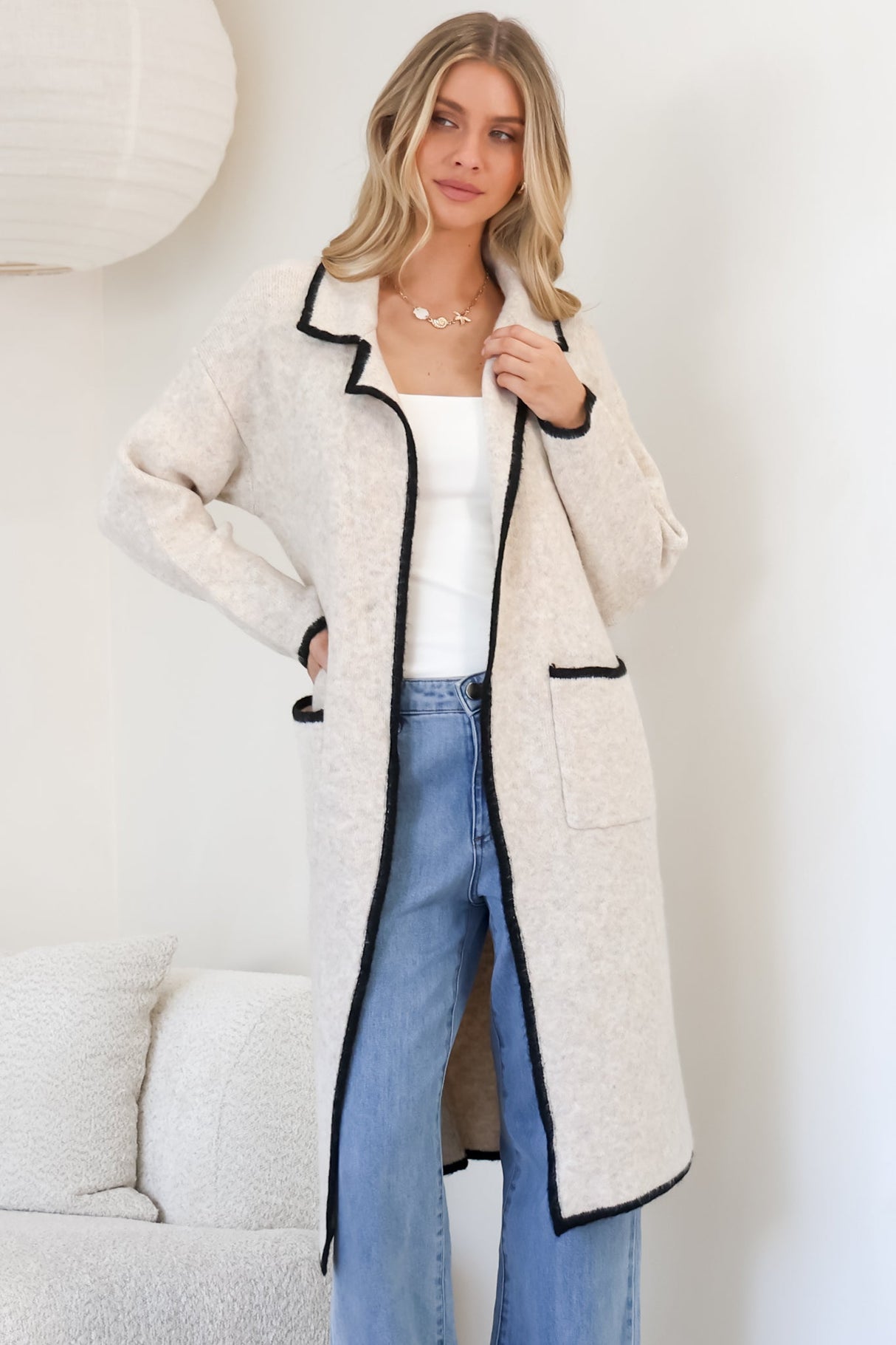 Boston Cardigan - Collared Contrast Hem Cardigan with Pockets in Oat/Black