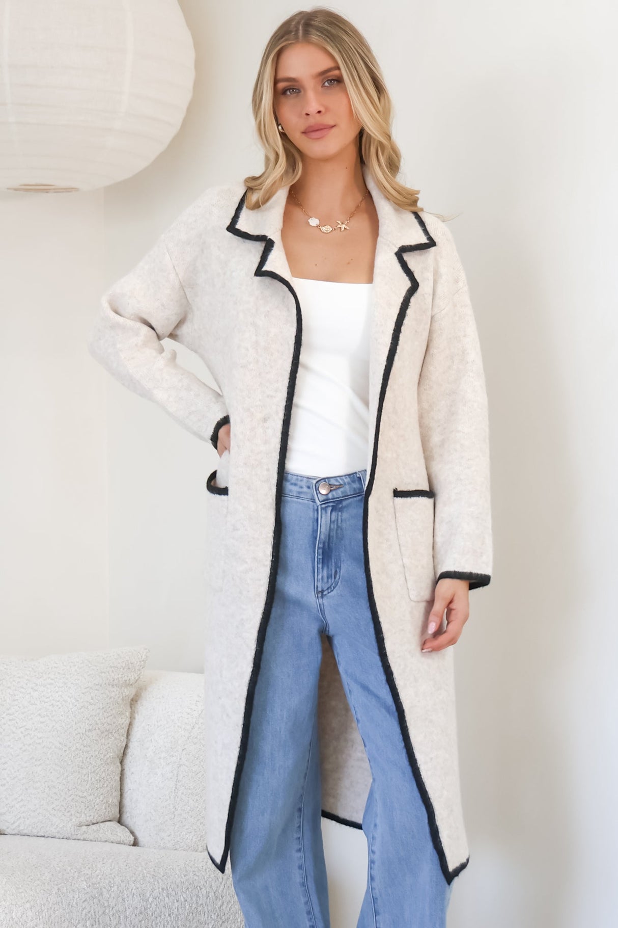 Boston Cardigan - Collared Contrast Hem Cardigan with Pockets in Oat/Black