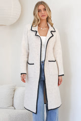 Boston Cardigan - Collared Contrast Hem Cardigan with Pockets in Oat/Black