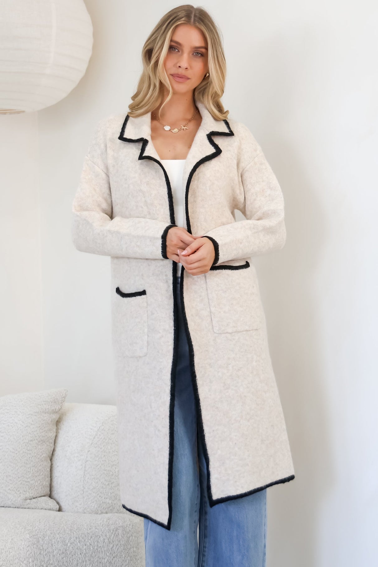 Boston Cardigan - Collared Contrast Hem Cardigan with Pockets in Oat/Black