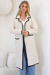 Boston Cardigan - Collared Contrast Hem Cardigan with Pockets in Oat/Black