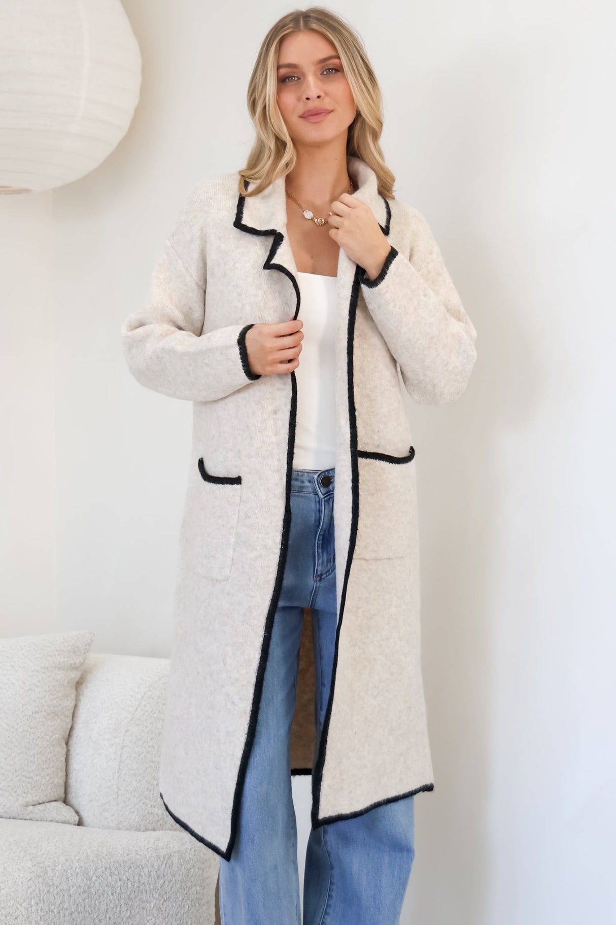 Boston Cardigan - Collared Contrast Hem Cardigan with Pockets in Oat/Black
