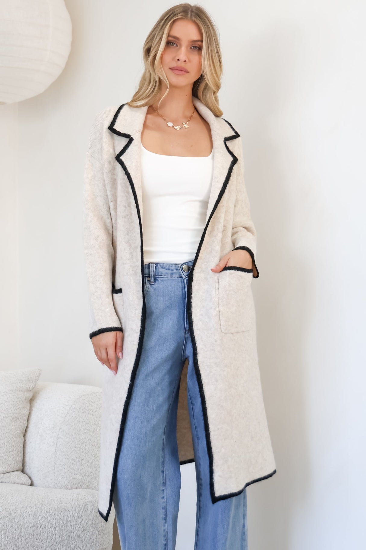 Boston Cardigan - Collared Contrast Hem Cardigan with Pockets in Oat/Black