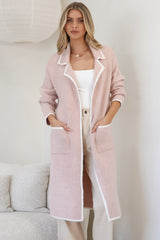 Boston Cardigan - Collared Contrast Hem Cardigan with Pockets in Pink