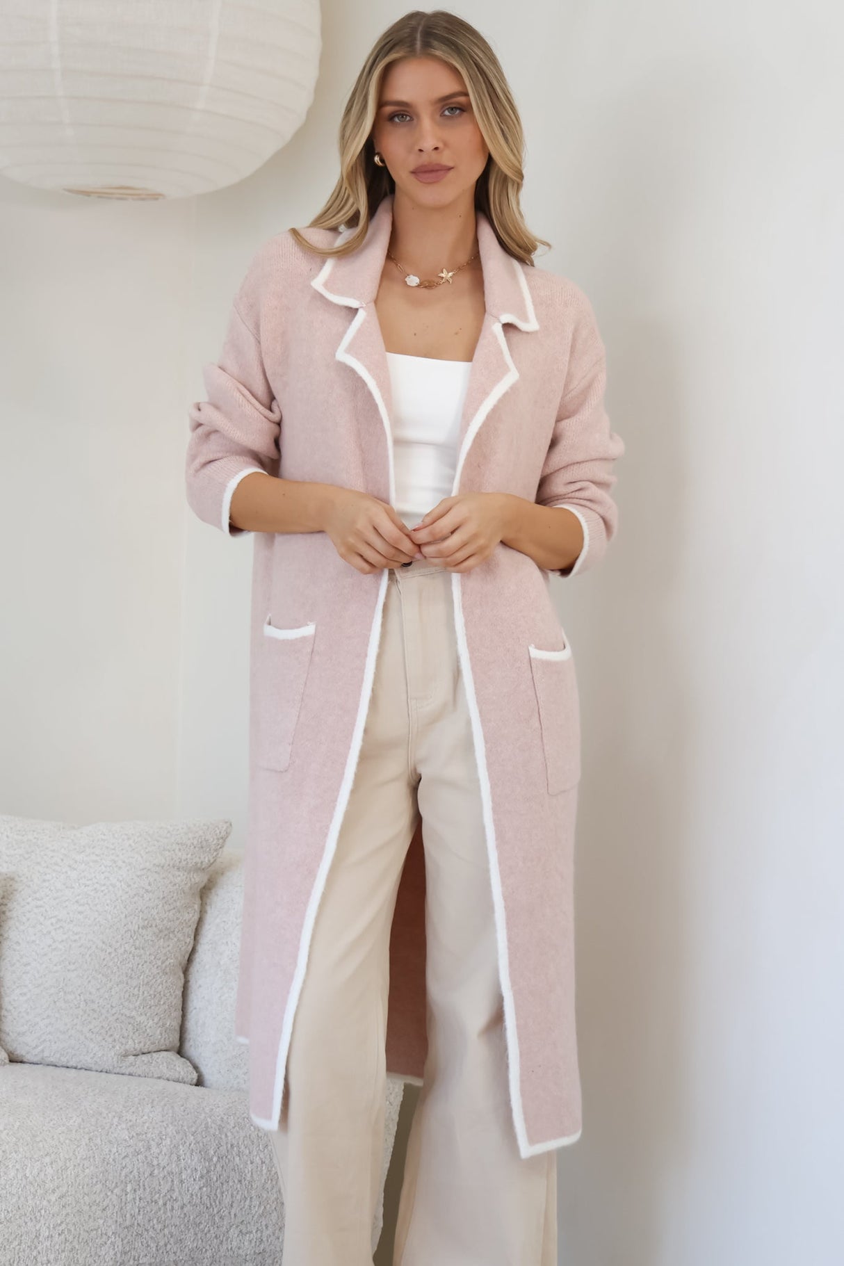 Boston Cardigan - Collared Contrast Hem Cardigan with Pockets in Pink