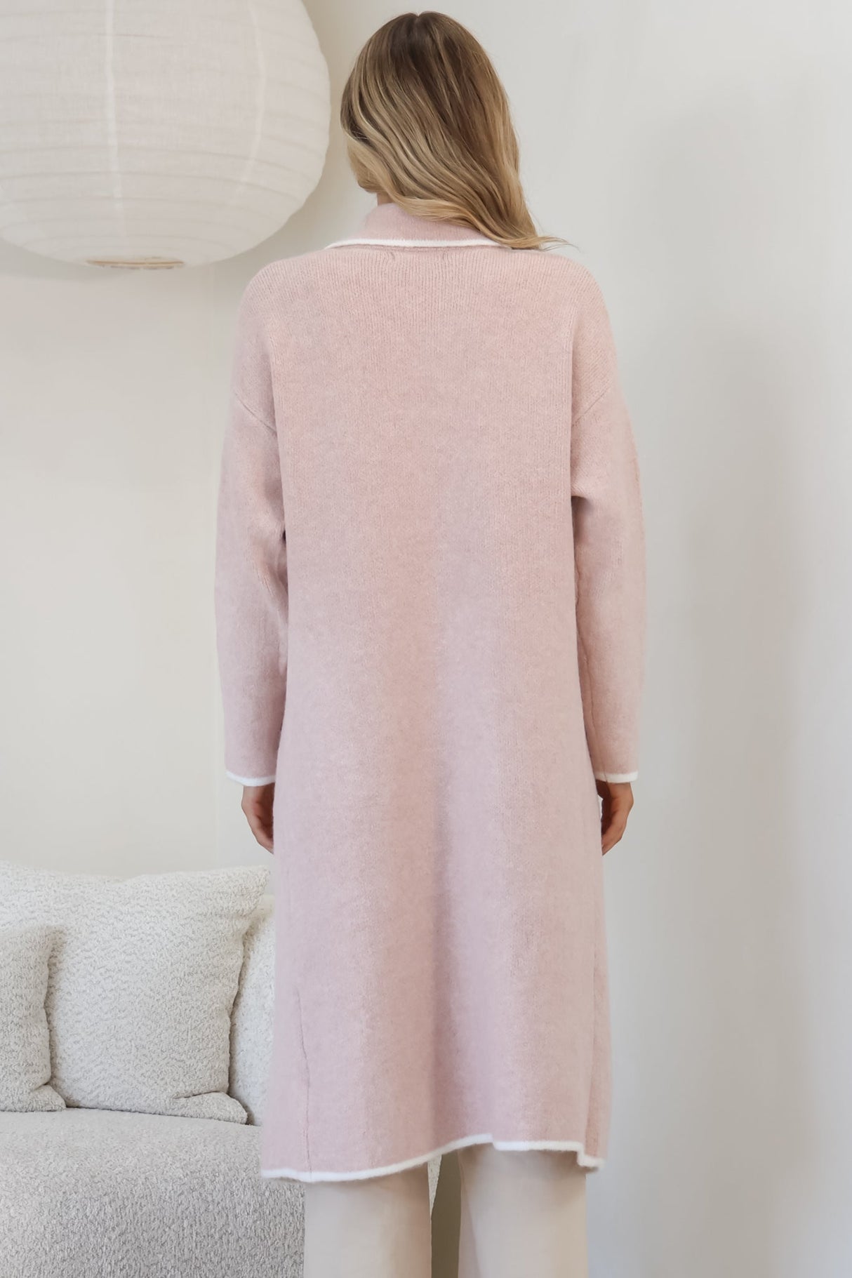 Boston Cardigan - Collared Contrast Hem Cardigan with Pockets in Pink