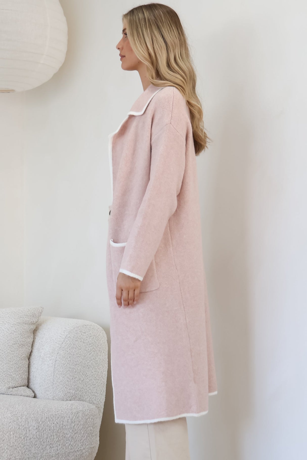 Boston Cardigan - Collared Contrast Hem Cardigan with Pockets in Pink