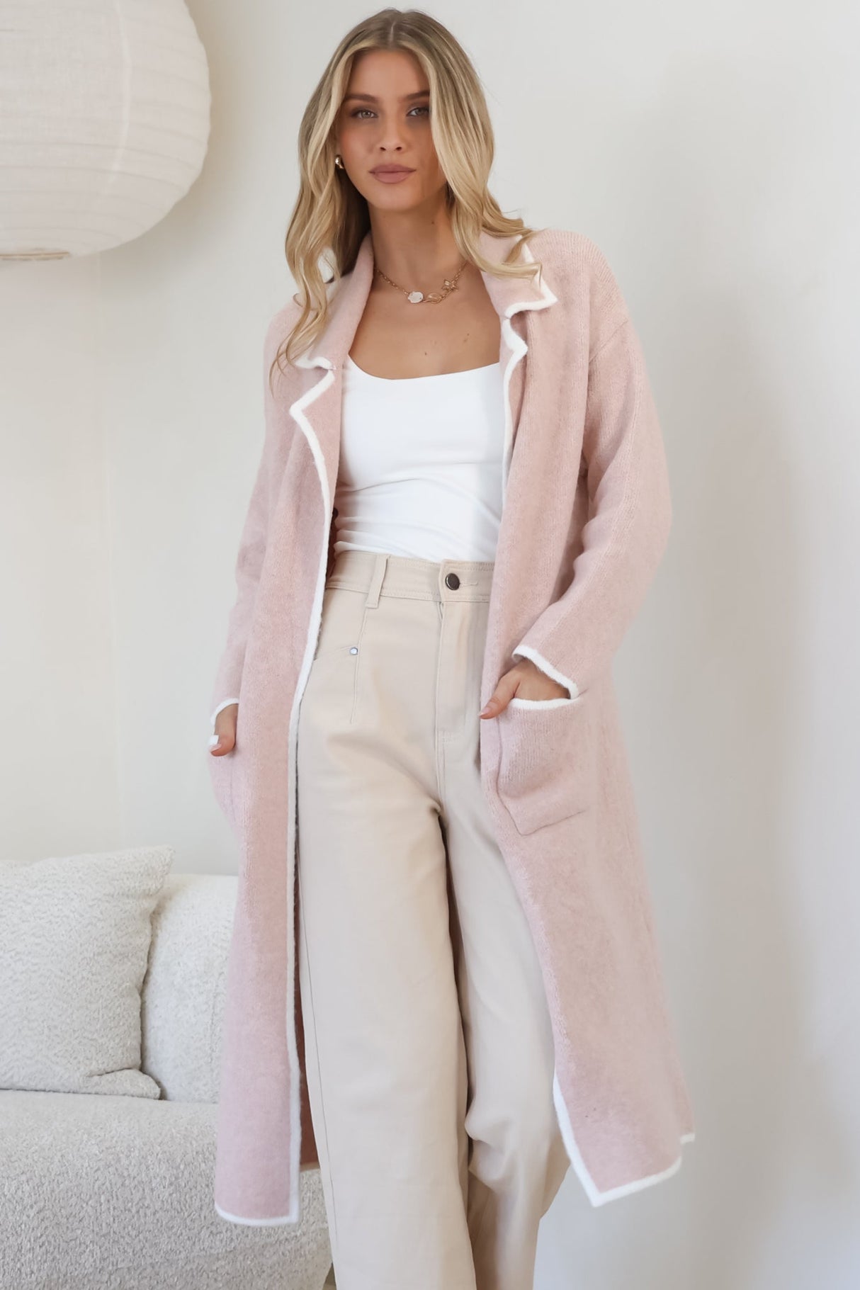 Boston Cardigan - Collared Contrast Hem Cardigan with Pockets in Pink