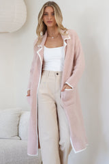 Boston Cardigan - Collared Contrast Hem Cardigan with Pockets in Pink
