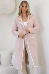 Boston Cardigan - Collared Contrast Hem Cardigan with Pockets in Pink