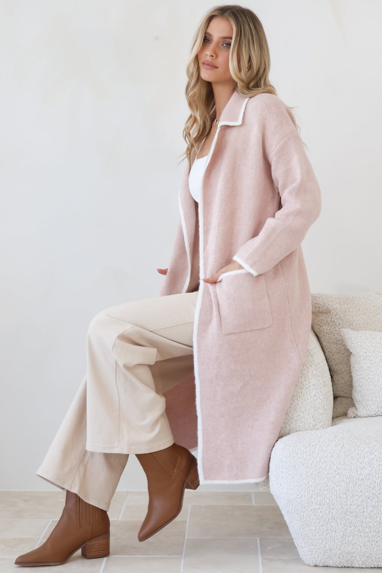 Boston Cardigan - Collared Contrast Hem Cardigan with Pockets in Pink