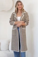 Boston Cardigan - Collared Contrast Hem Cardigan with Pockets in Taupe