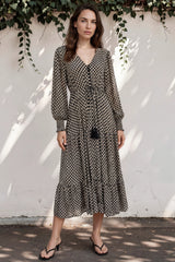 Macey Maxi Dress - V neckline Dress with Long Sleeves Hexy Print Black